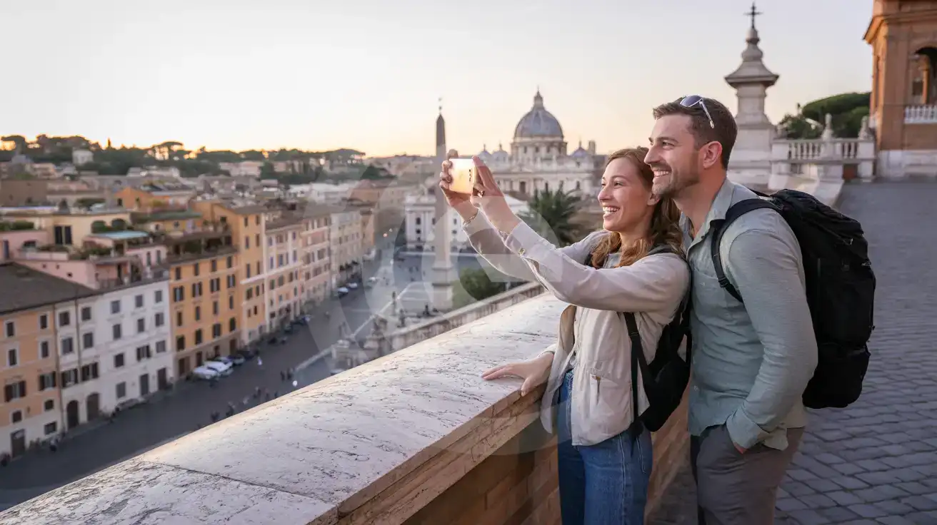 A couple photographing the sunset view from Trinità dei Monti terrace toward St. Peter's Basilica at the Spanish Steps in Rome