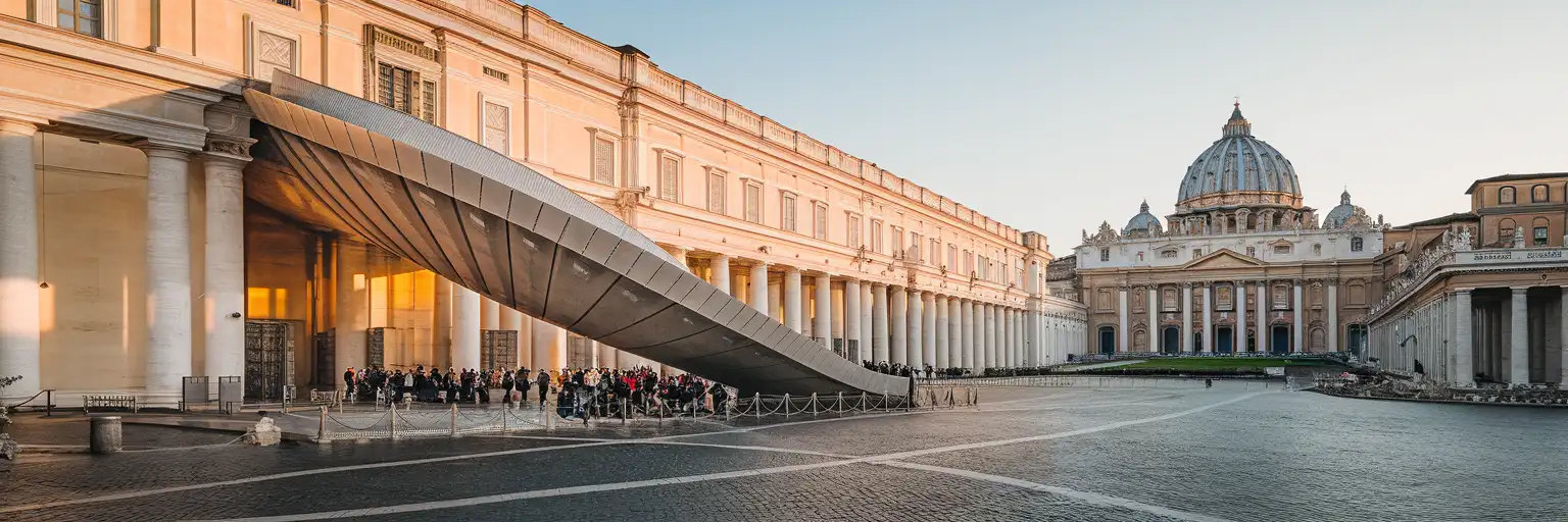 Vatican Museums entrance facade on Viale Vaticano with St. Peter's dome visible at golden hour
