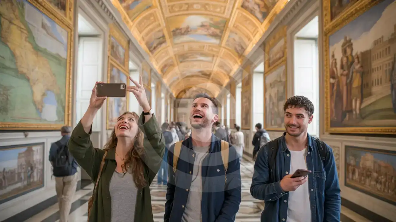 Small group of friends photographing the gilded ceiling inside the Vatican Museums Gallery of Maps