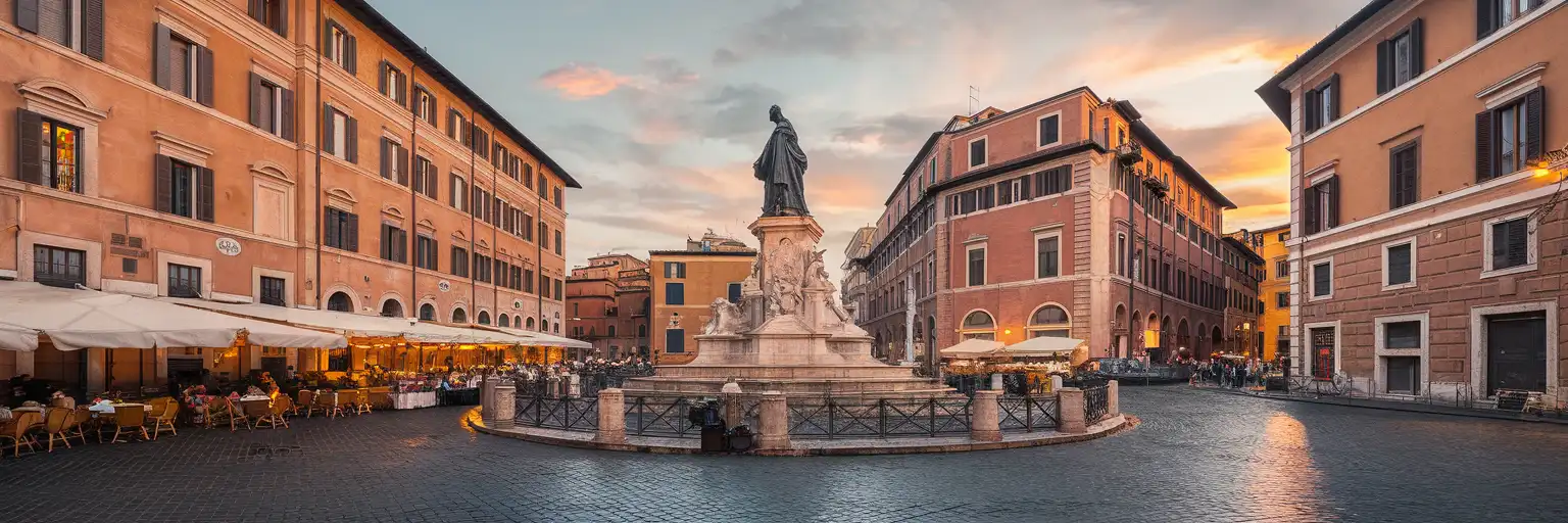 Außenansicht des Campo de' Fiori-Platzes in Rom bei goldener Stunde mit der Giordano Bruno-Statue und umliegenden historischen Gebäuden