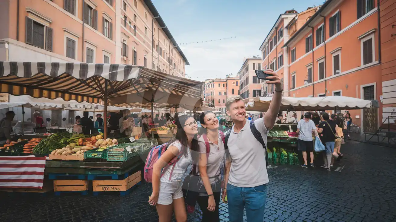 Prieteni făcând un selfie lângă tarabe active în piața Campo de' Fiori din Roma