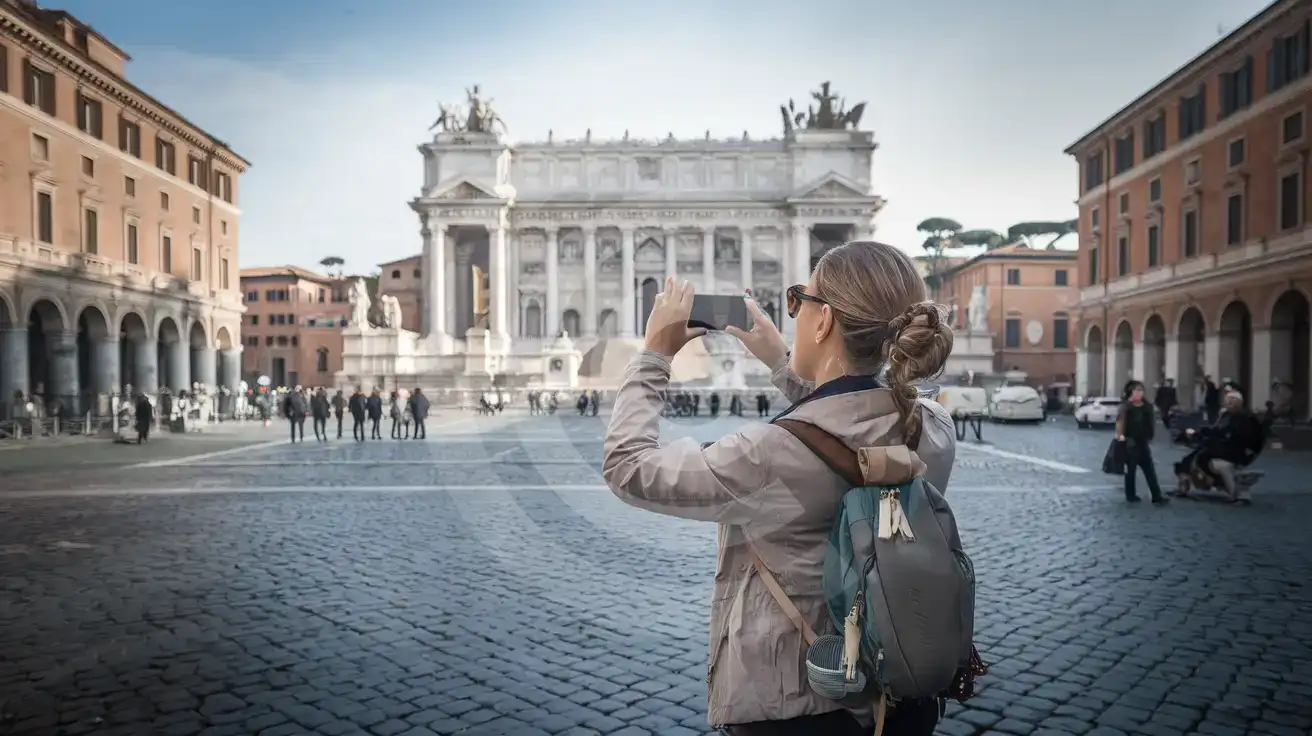 Solo female traveler photographing the Altare della Patria from street level at Piazza Venezia in Rome, Italy