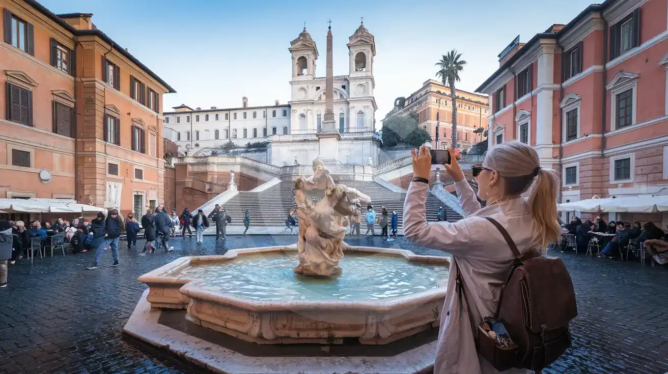 Viajera solitaria fotografiando la Escalinata de la Plaza de España y la Fontana della Barcaccia en Roma, Italia