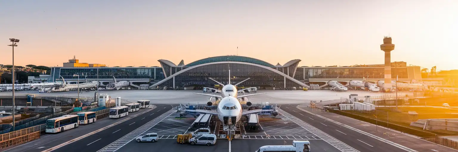 Wide exterior view of Ciampino–G. B. Pastine International Airport in Rome at golden hour