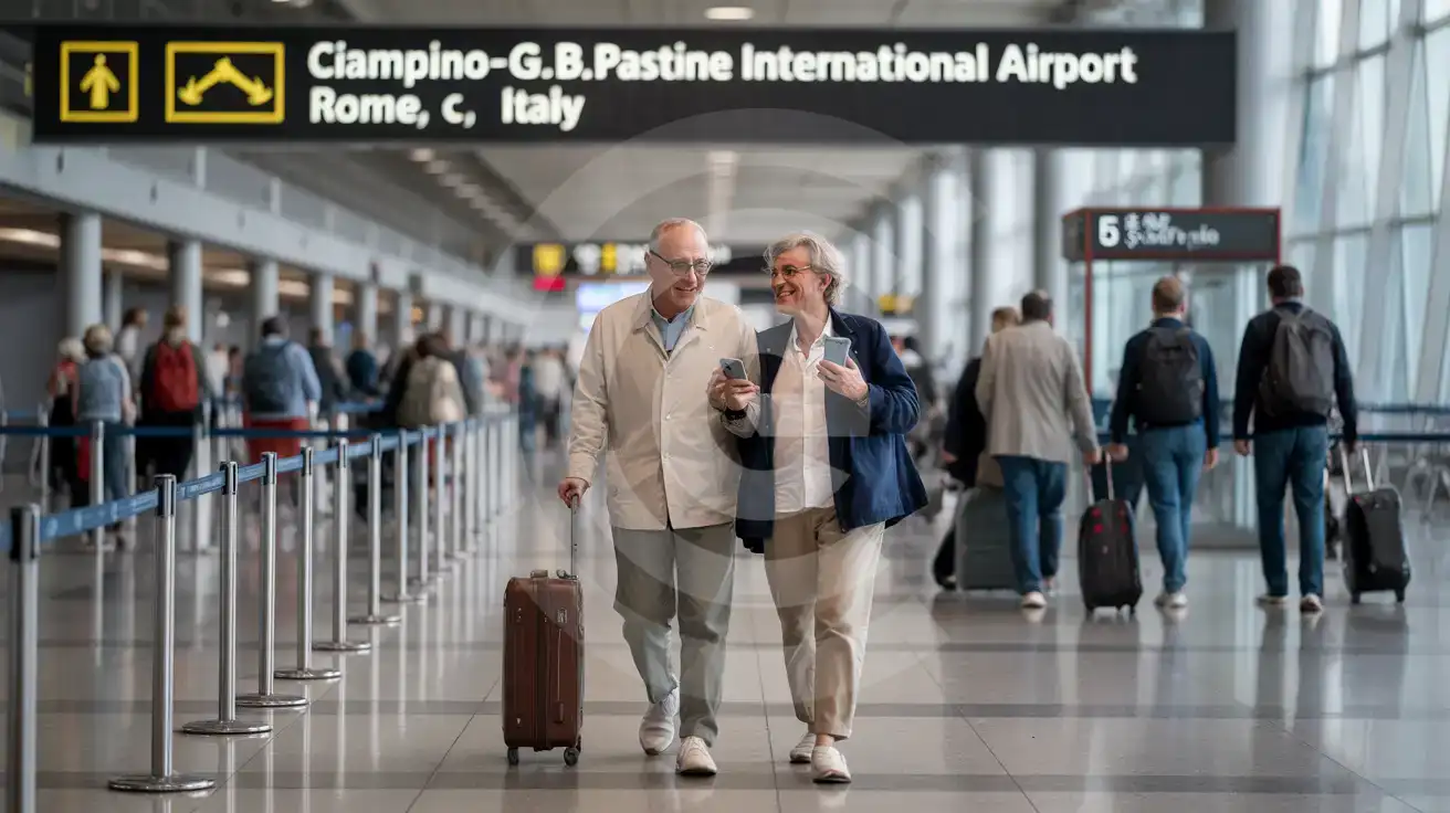 Senior couple walking through the arrivals concourse at Ciampino–G. B. Pastine International Airport with luggage and smartphone