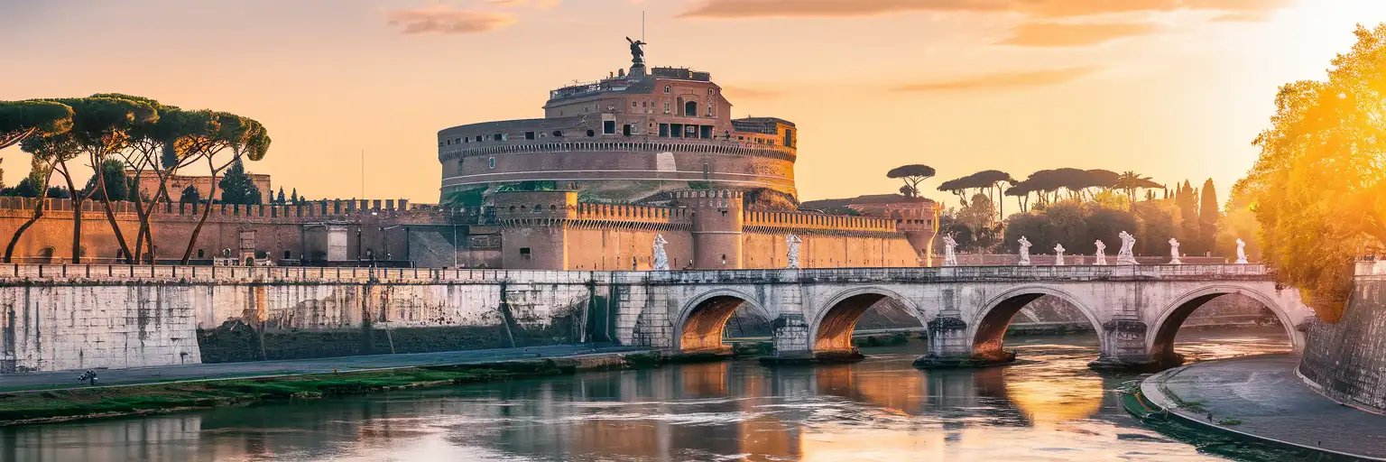 Golden-hour exterior view of Castel Sant'Angelo and Ponte Sant'Angelo in Rome, Italy