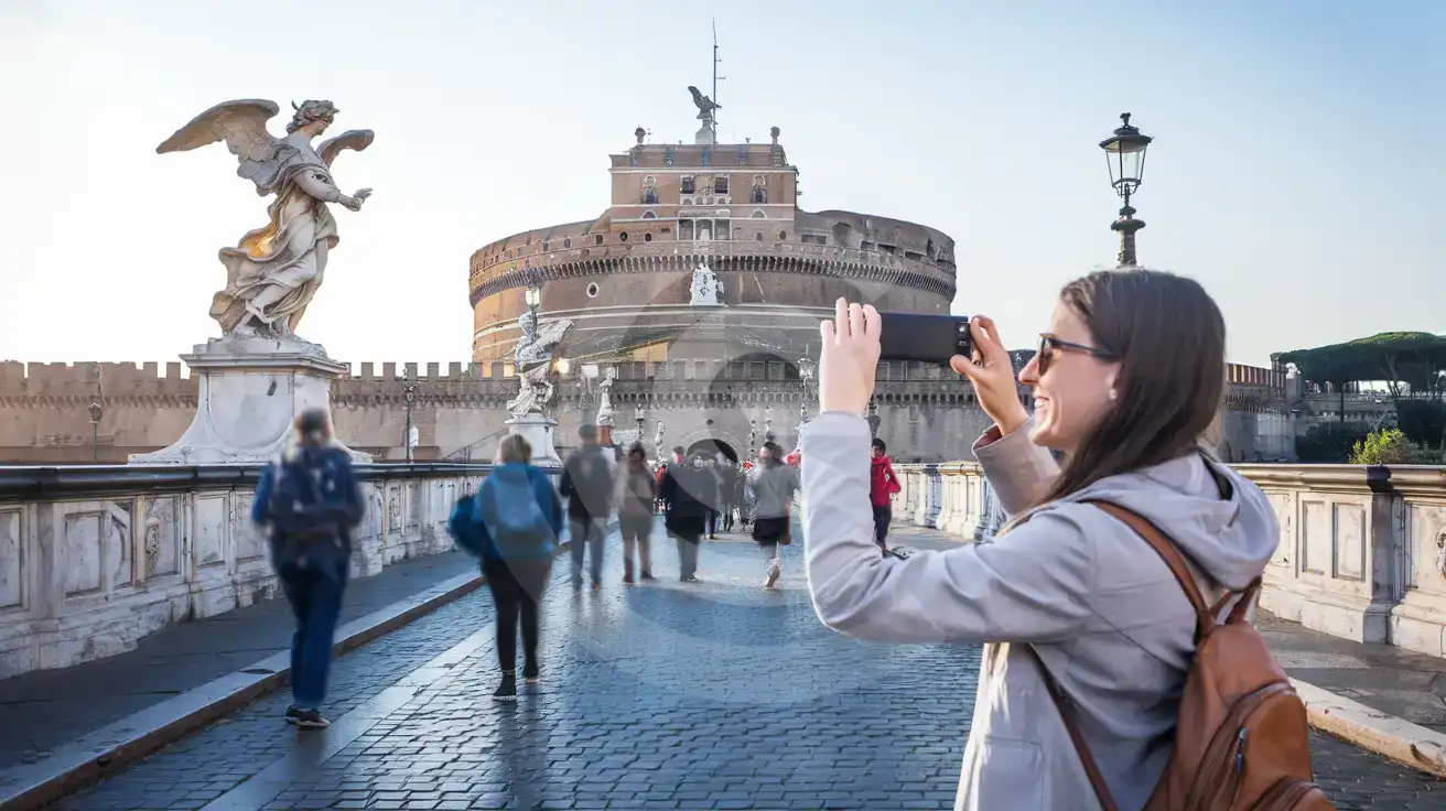 Solo female traveler photographing Castel Sant'Angelo from Ponte Sant'Angelo in Rome, Italy