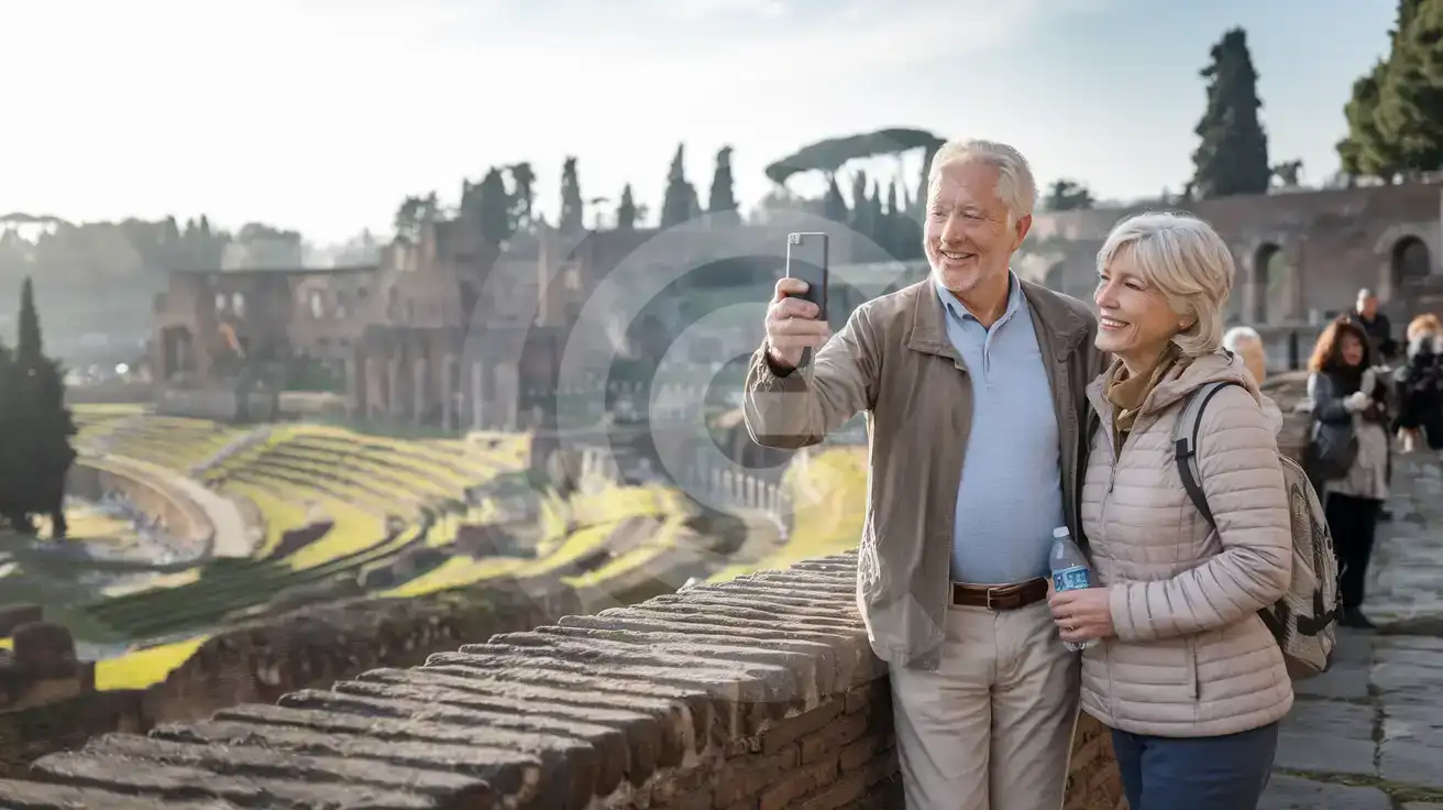 Senior couple photographing the ruins and terraces on Palatine Hill overlooking the Roman Forum in Rome, Italy