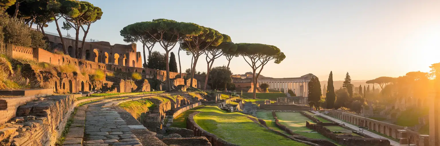 Vista amplia del exterior de Domus Aurea en la colina Oppio en Roma al atardecer
