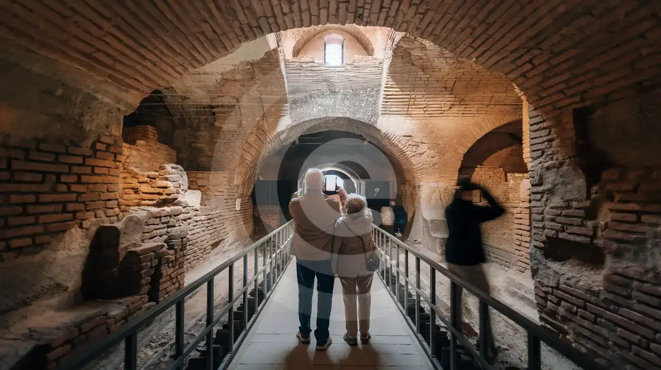 Pareja mayor fotografiando el pasillo abovedado en el interior de la Domus Aurea en Roma