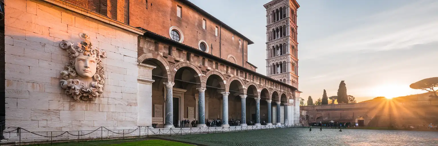Exterior view of Bocca della Verità at Santa Maria in Cosmedin in Rome at sunset