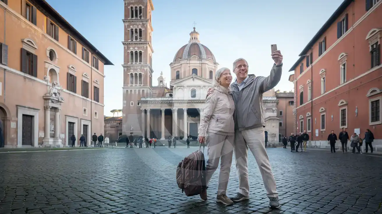 Senior couple near Santa Maria in Cosmedin by Bocca della Verità in Rome using a smartphone while sightseeing