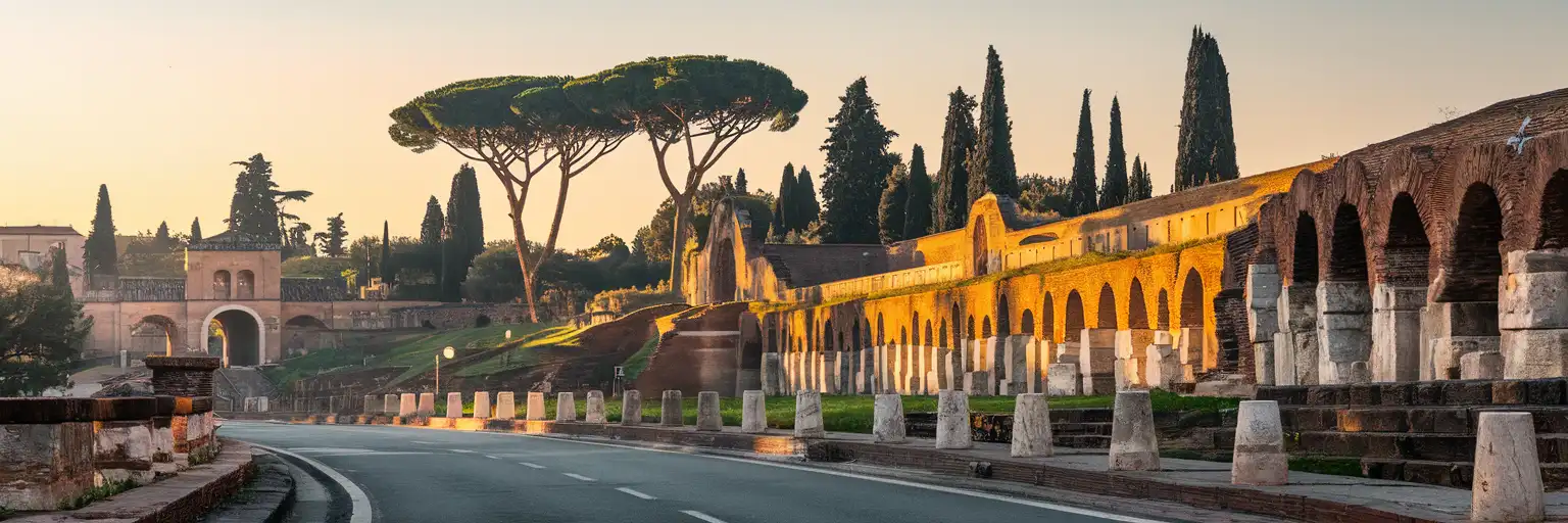 Vista exterior de la entrada a las Catacumbas de San Calixto en la Vía Apia Antigua en Roma al atardecer