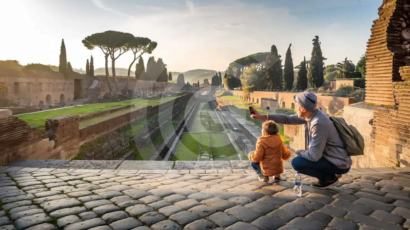 Familia en la Vía Apia Antica cerca de las Catacumbas de San Calixto en Roma usando un teléfono mientras exploran