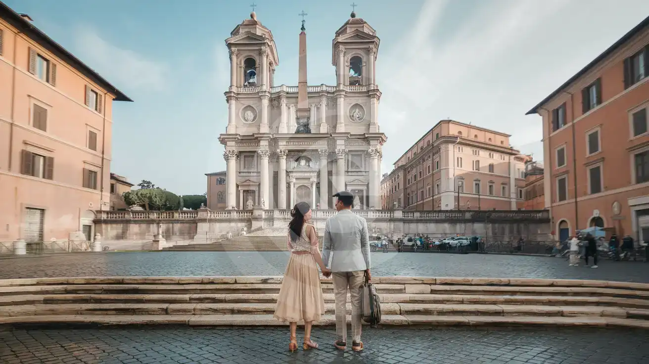 Honeymoon couple near Santa Maria della Concezione dei Cappuccini by Piazza Barberini in Rome