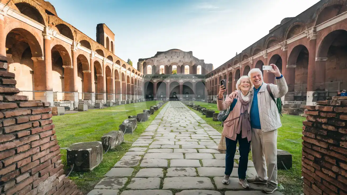 Pareja mayor fotografiando el interior arqueológico de las Termas de Caracalla en Roma