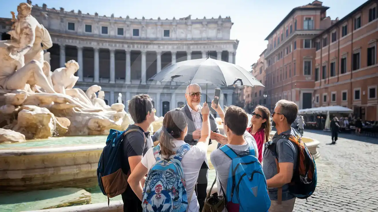 Grupo de turistas con guía filmando cerca de la Fuente de las Náyades en la Piazza della Repubblica, Roma