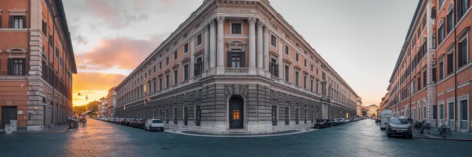 Piazza Venezia yakınlarında, altın saatlerde Roma'daki Domus Romane di Palazzo Valentini'nin dış görünümü