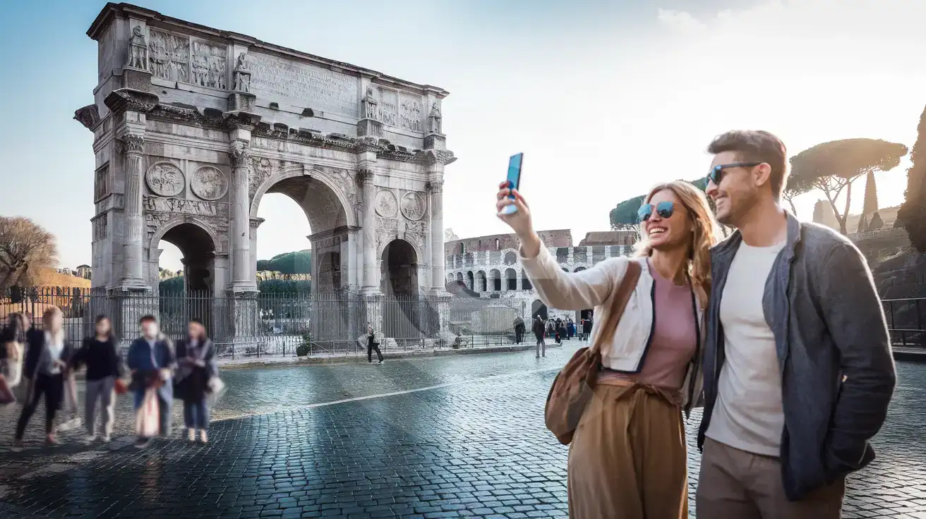 A couple using a smartphone near the Arch of Constantine in Rome from a side approach with the monument clearly visible