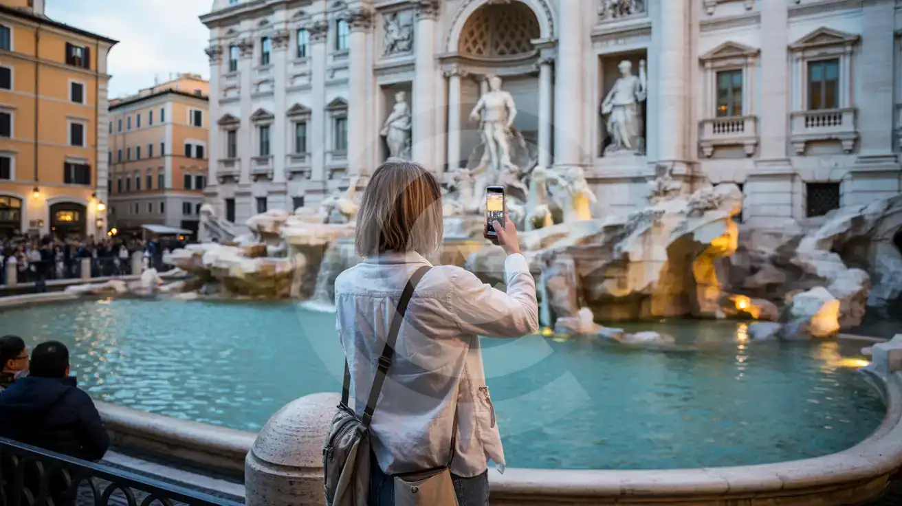 Solo female traveler photographing the Trevi Fountain in Rome at blue hour twilight