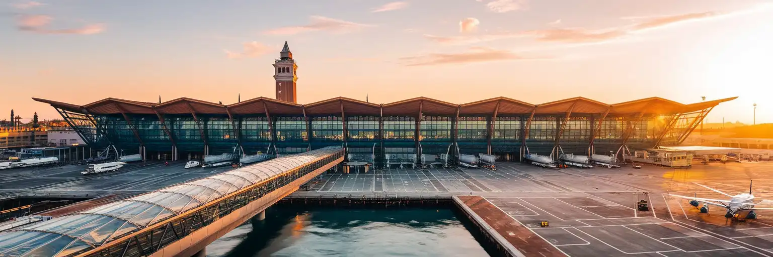 Venice Marco Polo Airport terminal facade at golden hour with the distinctive timber-and-glass architecture and lagoon waterway visible