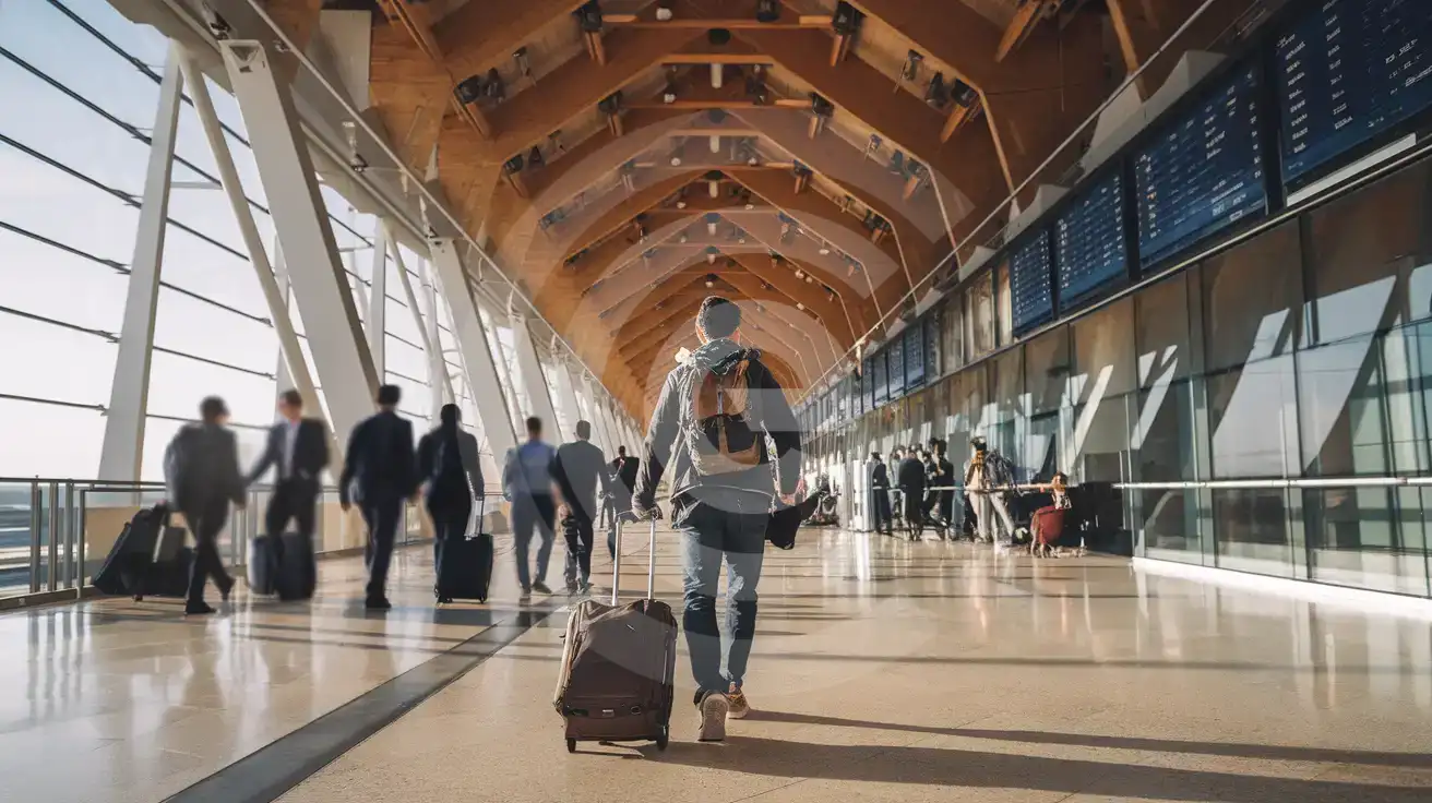 Solo male traveler walking through Venice Marco Polo Airport concourse with smartphone and rolling bag