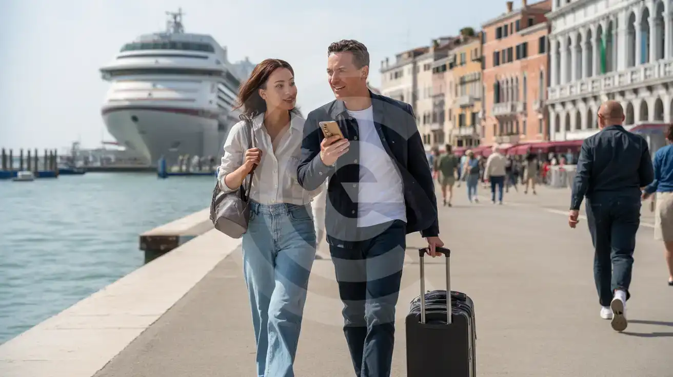 Mixed couple walking with luggage near the embarkation area at Port of Venice in Venice, Italy