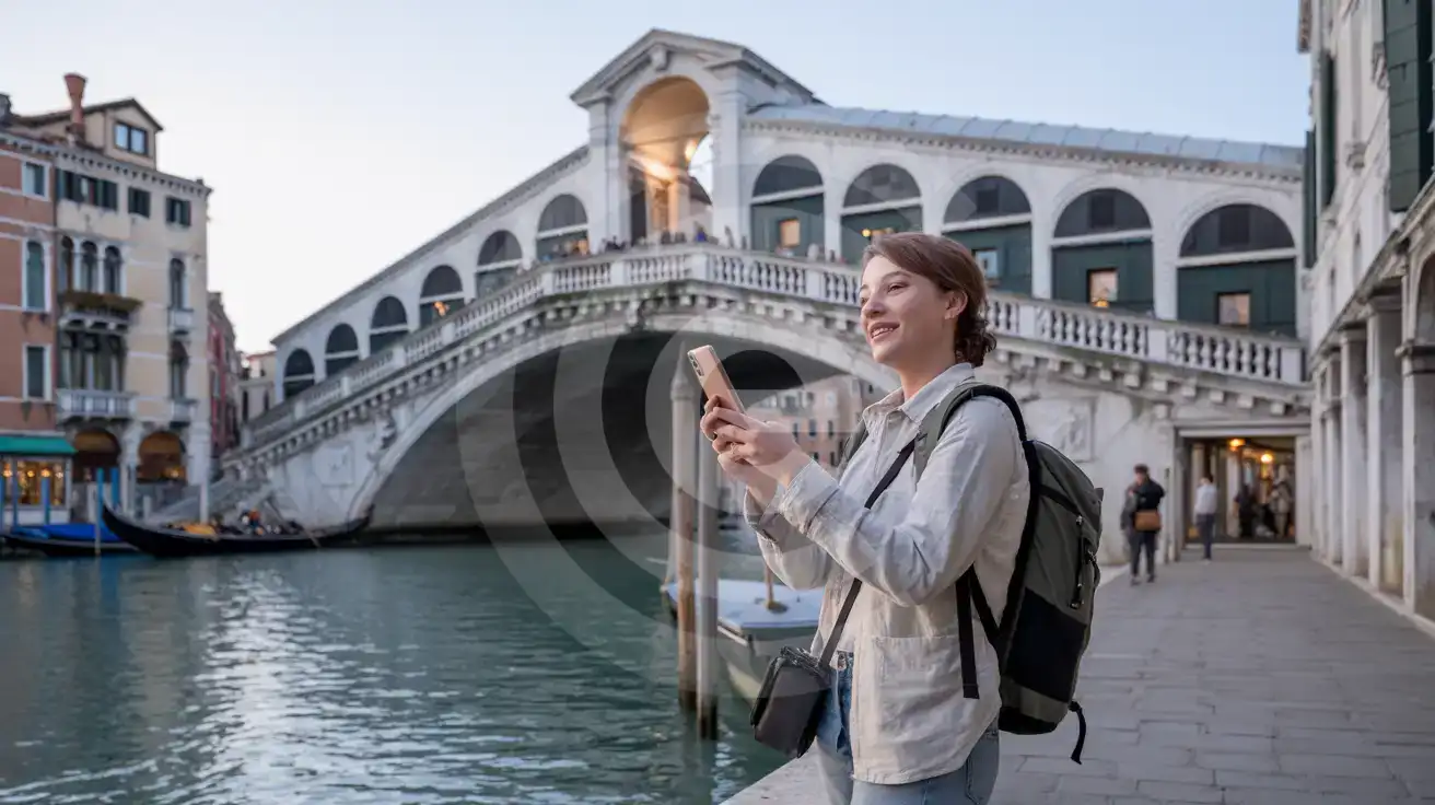 Solo female traveler photographing the Rialto Bridge over the Grand Canal at sunrise in Venice, Italy