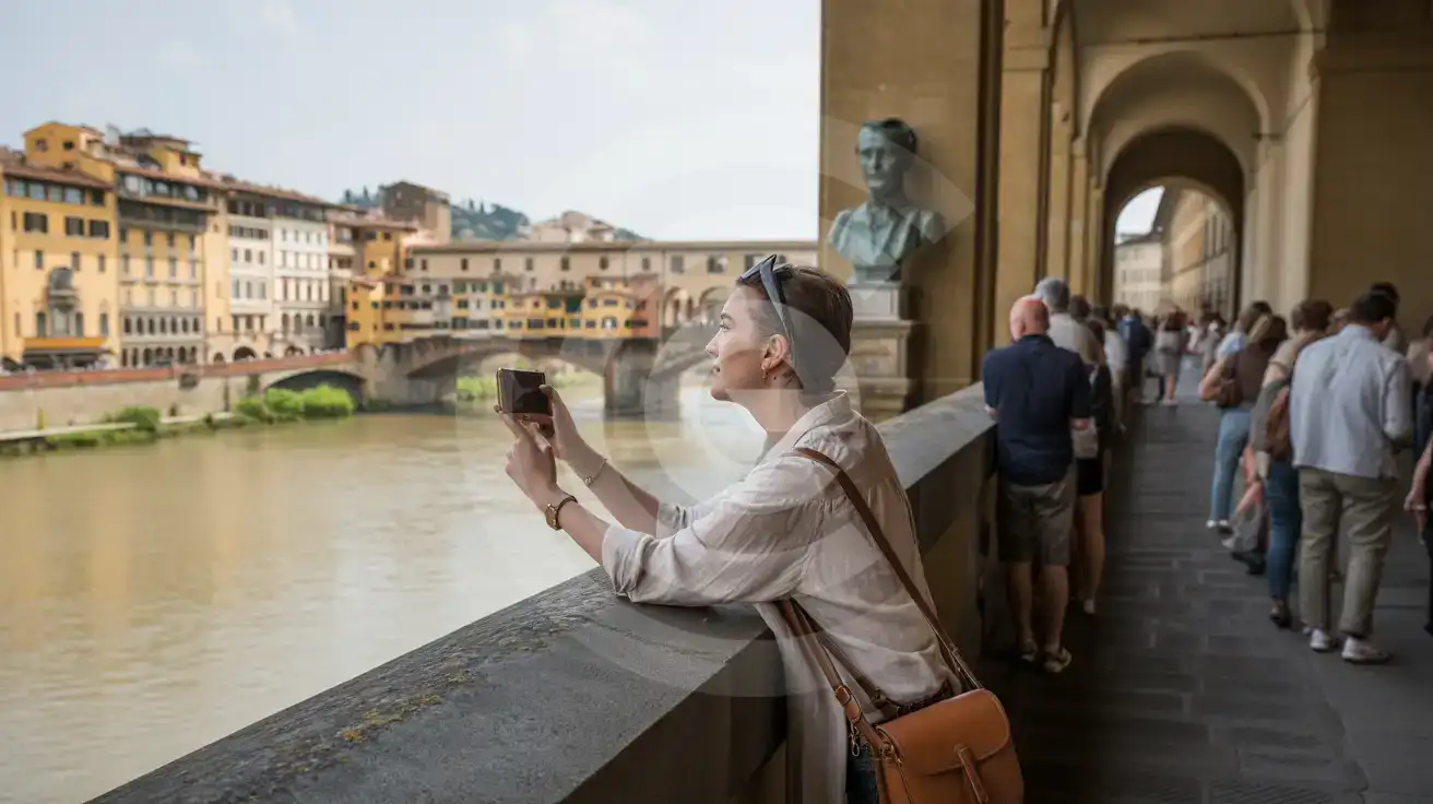 Solo female traveler photographing the Arno River view from Ponte Vecchio's central terrace in Florence