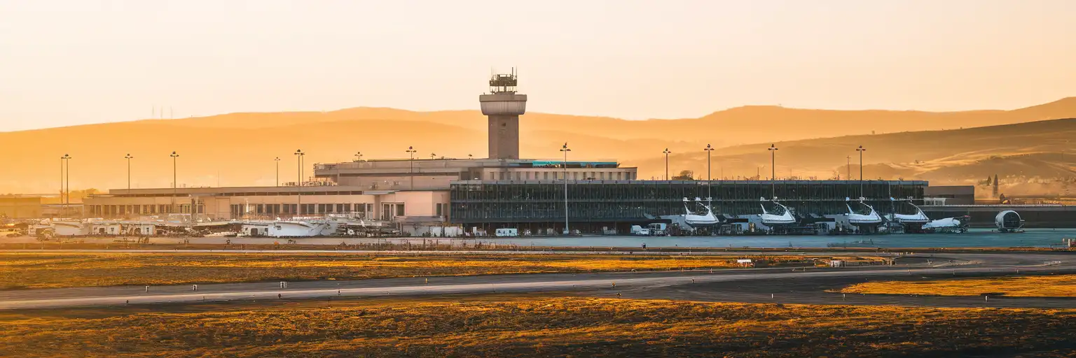 Wide exterior view of Florence Airport, Peretola terminal at golden hour in Florence, Italy