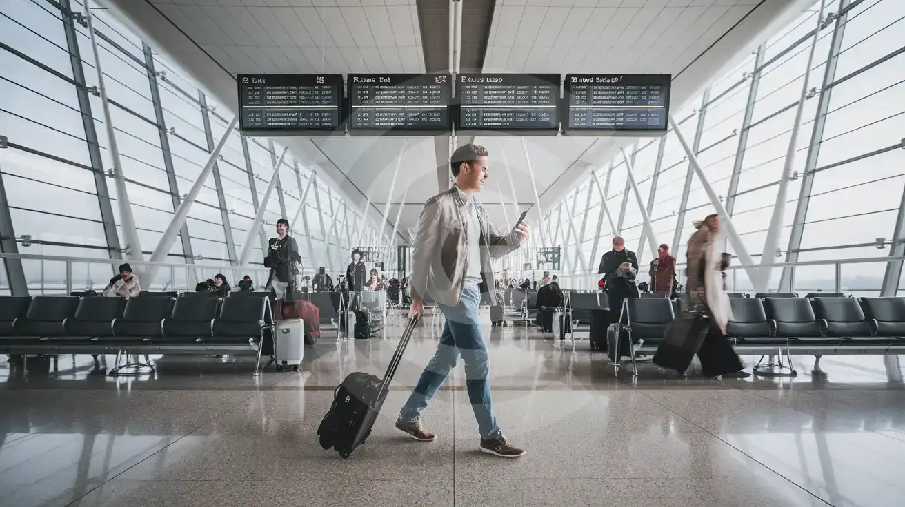 Solo male traveler walking through the interior concourse at Florence Airport, Peretola with rolling suitcase and phone