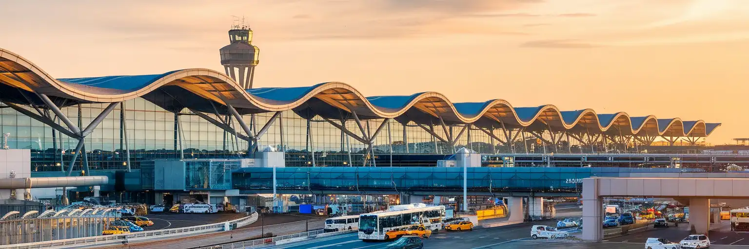 Terminal 3 exterior at Leonardo da Vinci International Airport Fiumicino with wave-form roof canopy and control tower at golden hour