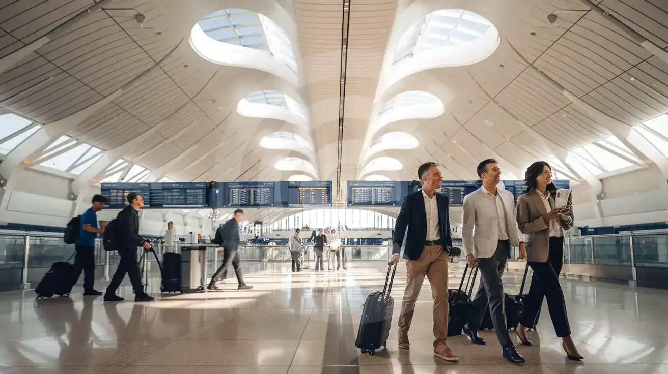 Business team walking through Terminal 3 arrivals concourse at Leonardo da Vinci International Airport Fiumicino with modern wave-form ceiling