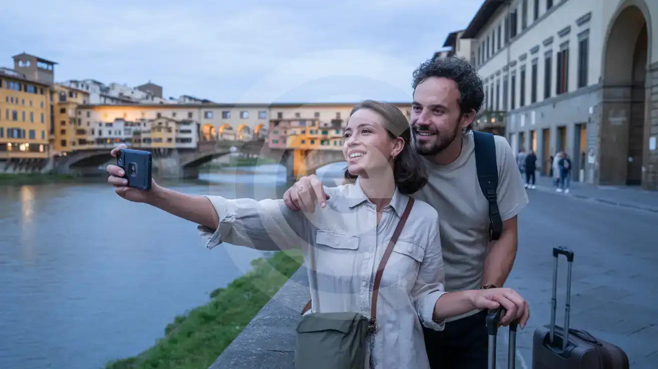 A couple photographing the Ponte Vecchio bridge across the Arno River in Florence at blue hour twilight