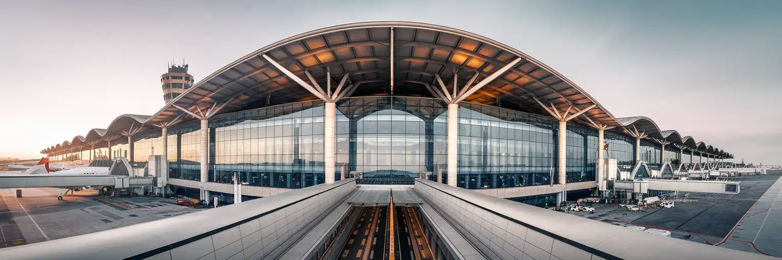 Milan Malpensa Airport Terminal 1 exterior with curved metal roof architecture at golden hour