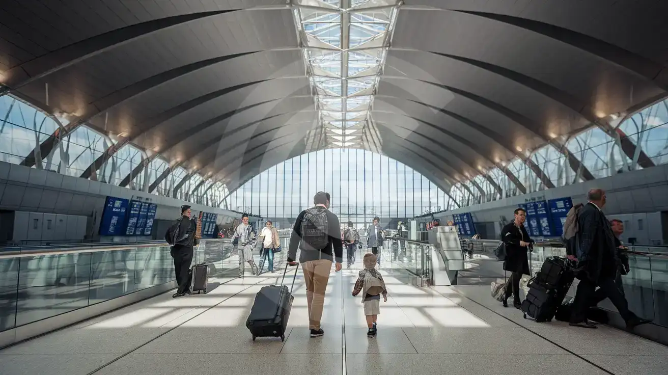 Family walking through Milan Malpensa Terminal 1 departure hall with curved ceiling architecture