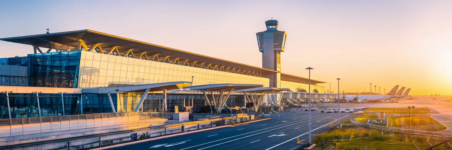 Exterior view of Milan Linate Airport terminal and control tower at golden hour in Milan, Italy