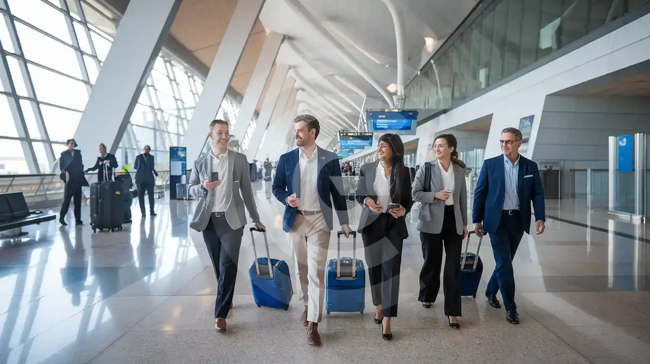 Small business team walking through the arrivals concourse inside Milan Linate Airport in Milan, Italy