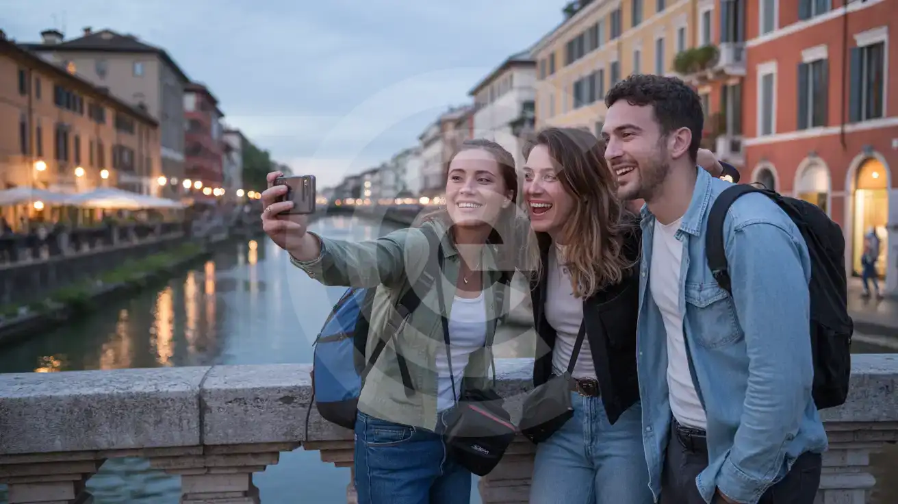 Three friends filming the candlelit Naviglio Grande canal in Milan's Navigli District at blue hour twilight