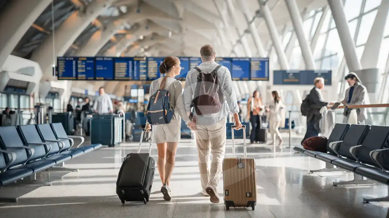 Mixed couple walking through Naples International Airport Terminal 1 departures concourse with rolling luggage and smartphone