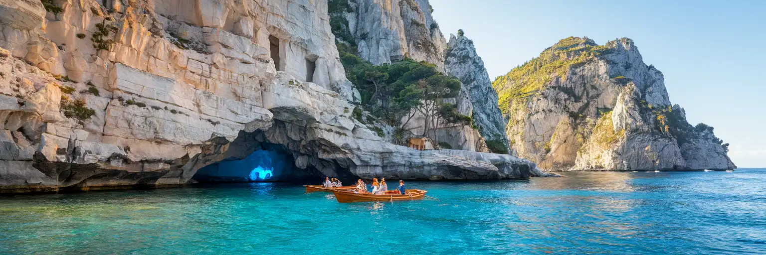 The famous Blue Grotto sea cave entrance on Capri island near Naples with traditional wooden rowboats waiting on turquoise Mediterranean water