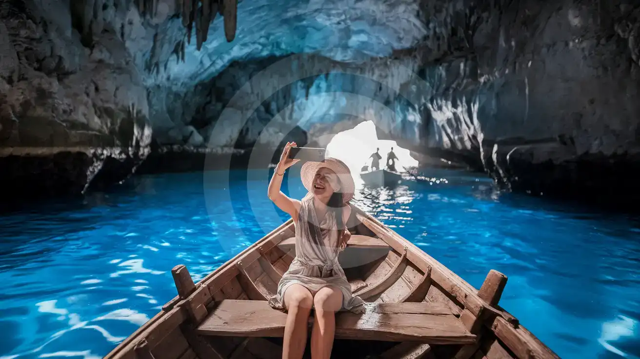Solo female traveler filming the electric-blue glow inside the Blue Grotto sea cave on Capri from a traditional wooden rowboat