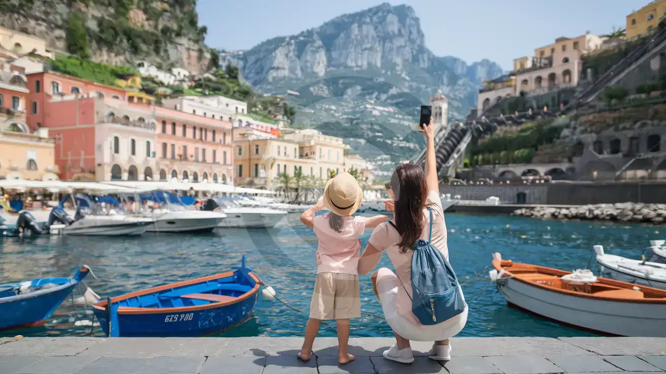 Family at Capri Marina Grande harbor with colorful hillside buildings and funicular station in the background