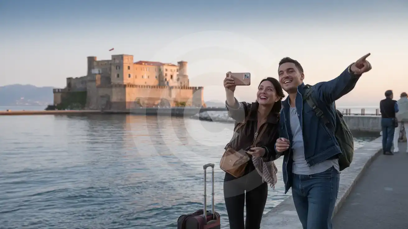 Castel dell'Ovo fortress on the Naples waterfront at sunset with a couple photographing the view