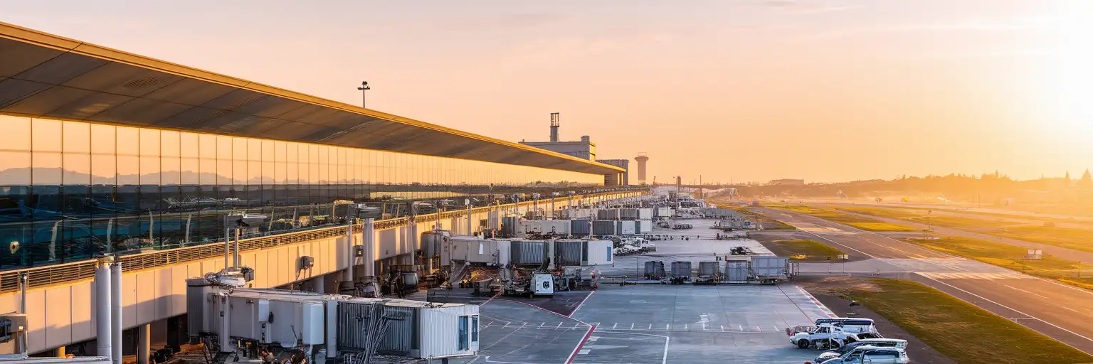 Exterior view of Verona Villafranca Airport terminal at golden hour in Verona, Italy