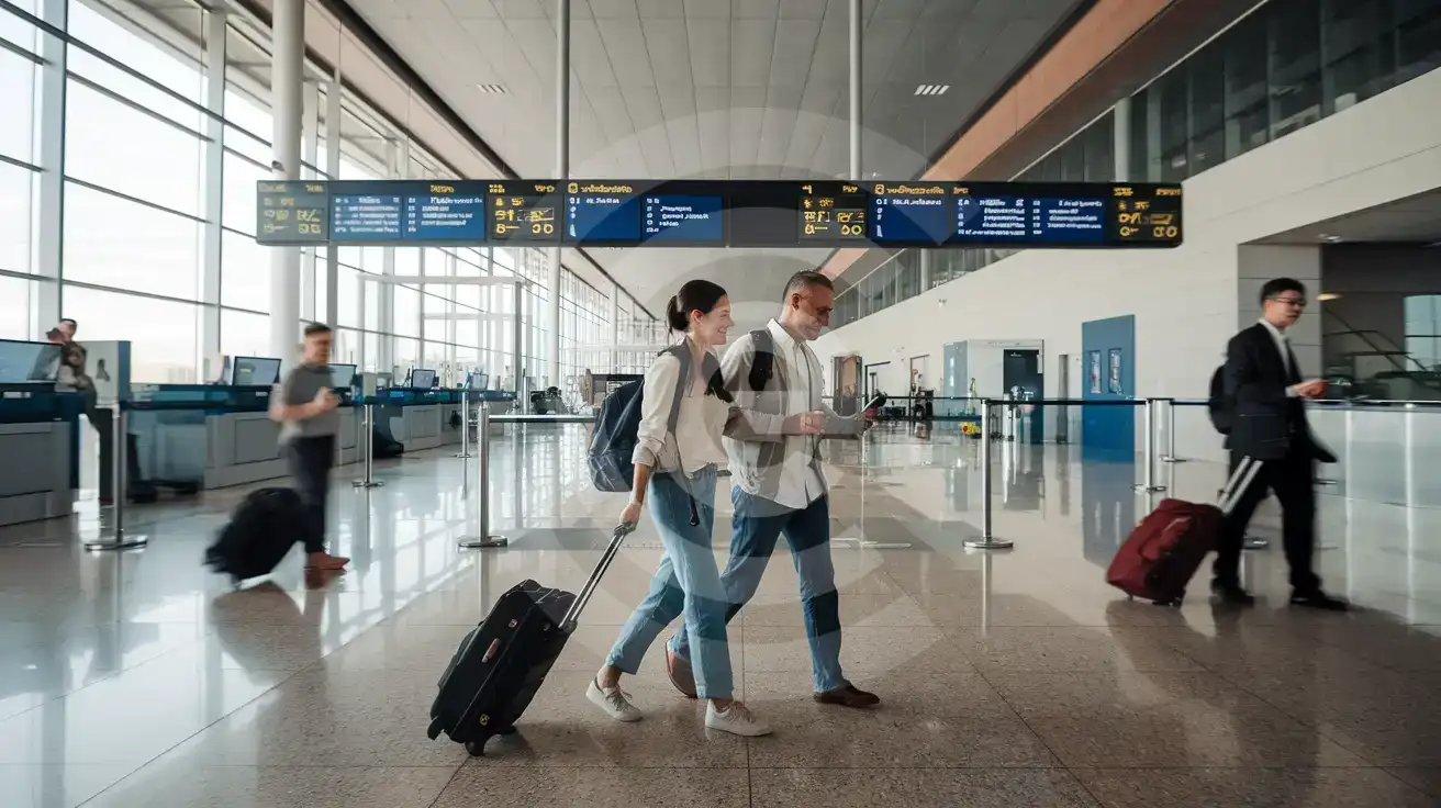 Mixed couple walking through the interior concourse at Verona Villafranca Airport in Verona, Italy