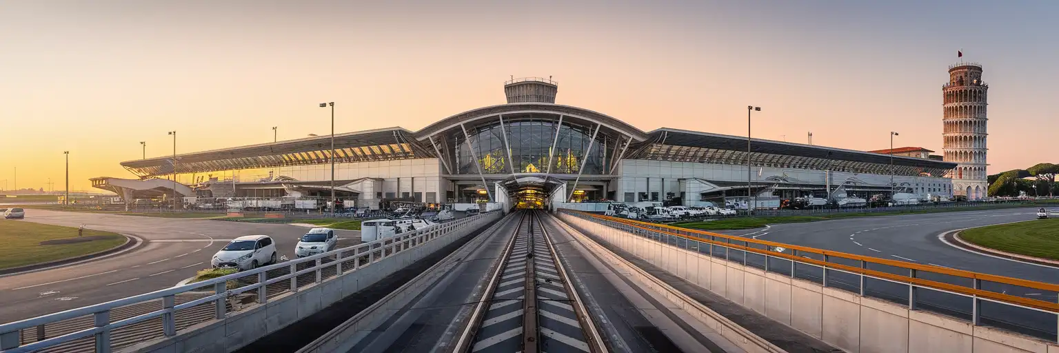 Exterior view of Pisa International Airport terminal and control tower at golden hour in Pisa, Italy