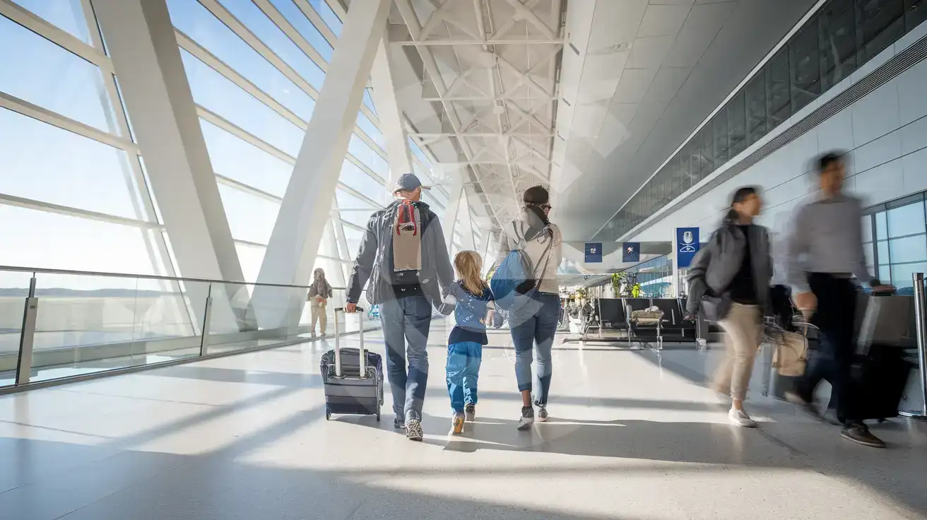 Family walking through the interior concourse at Pisa International Airport near the arrivals transit flow