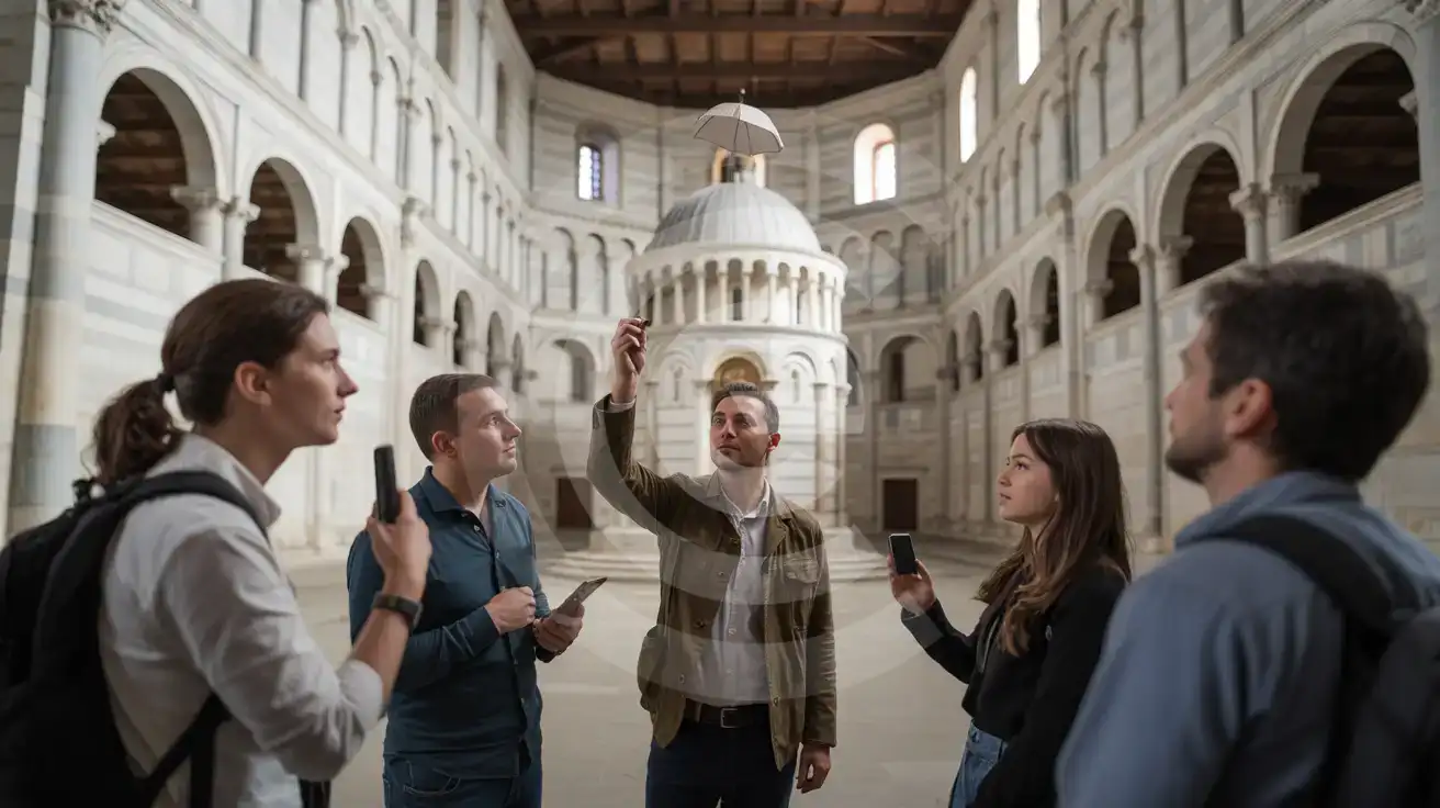 Tour group inside the Baptistery of San Giovanni at Piazza dei Miracoli, phones raised during an acoustic demonstration beneath the Romanesque dome