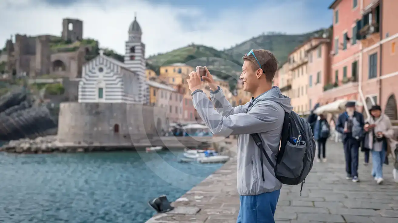 Solo male traveler photographing Vernazza harbor and the Church of Santa Margherita di Antiochia from the Cinque Terre breakwater